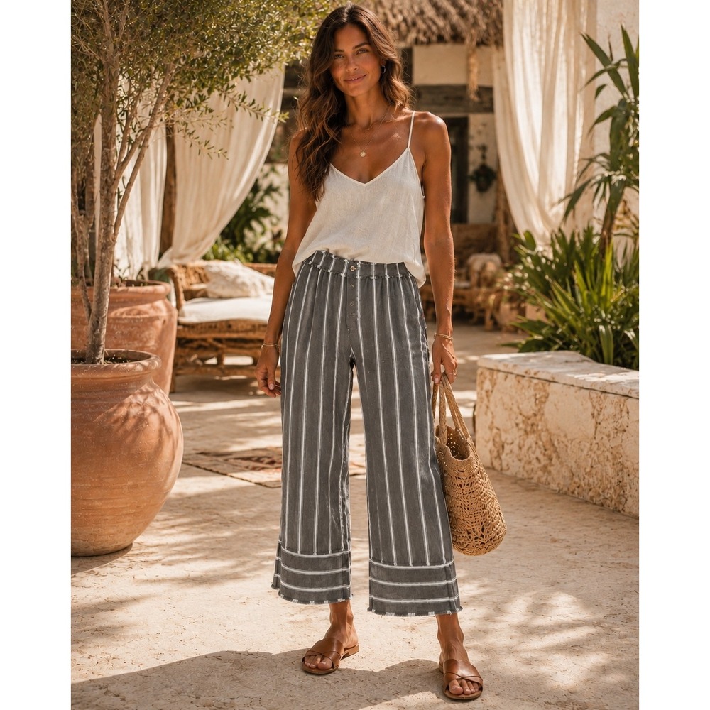Intimately Free People Gray Striped Relaxed Cropped Pants Raw Frayed Waist S